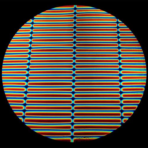 DC945B- CBS Thin Dichroic Cyan/ Red On Clear Stripes  8"x9" - 90 COE